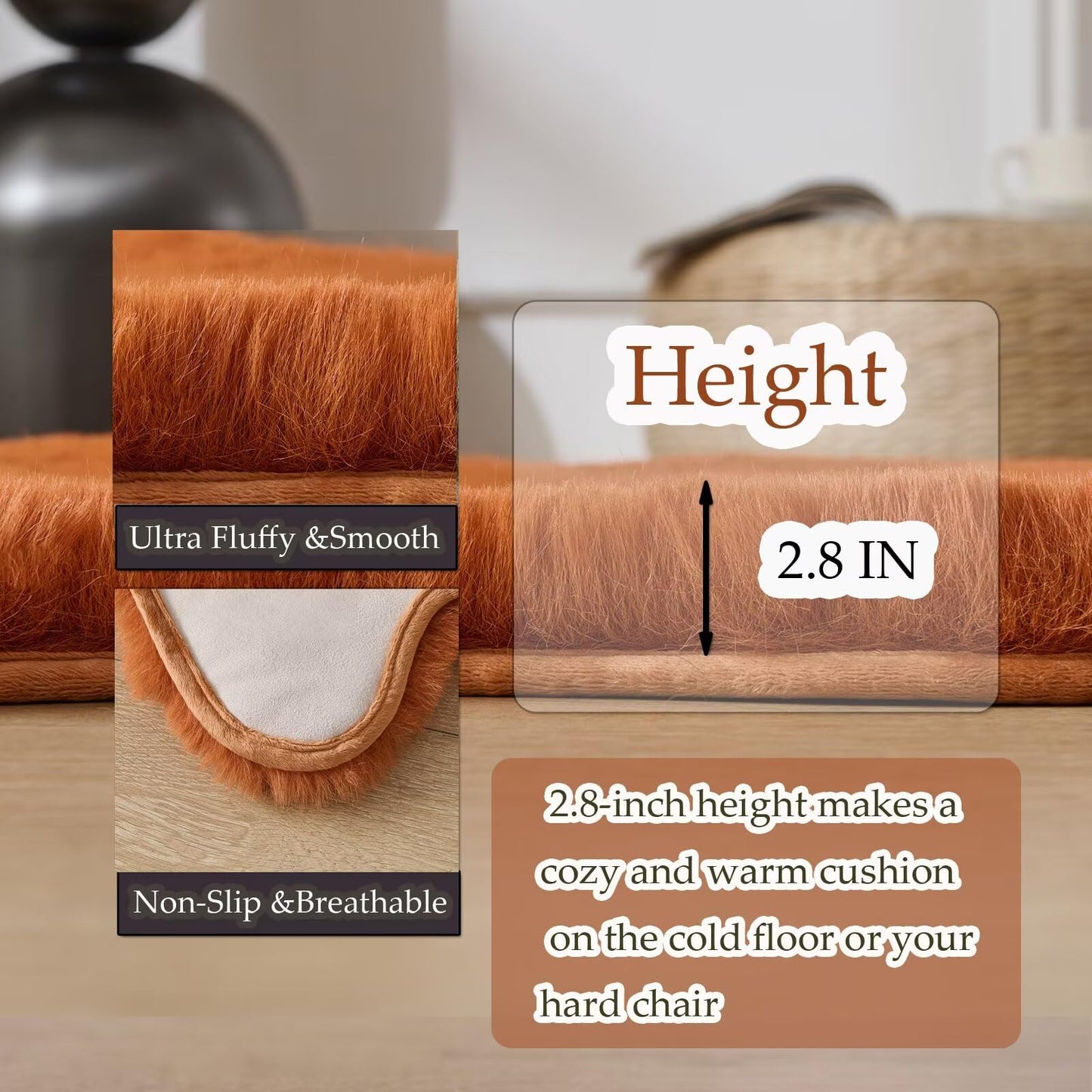 Animebody 1700GSM Fuzzy Faux Sheepskin Fur Area Rug,Extra Soft Faux Fur Mat,Fluffy Shaggy Fur Rug for Bedroom Living Bedside Rug Room Decor-Burnt Orange, 2 x6 ft