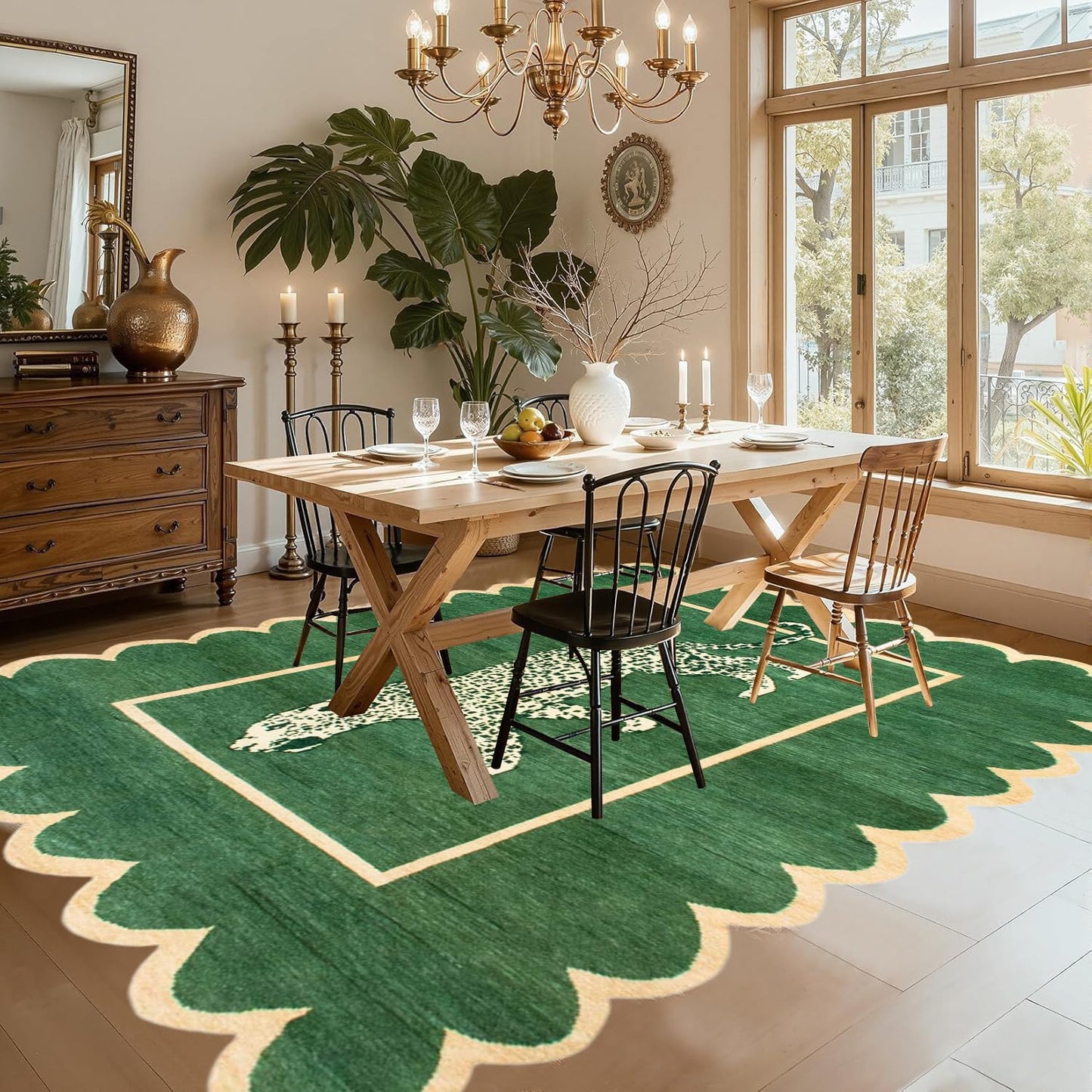 Retro Luxury Leopard Rug Emerald Green Beige Scalloped Edge Area Rug Aesthetic Animal Print Carpet for Bedroom Living Room Conference Room Apartment Non Slip Low Pile Washable Indoor Throw Mats 8x10
