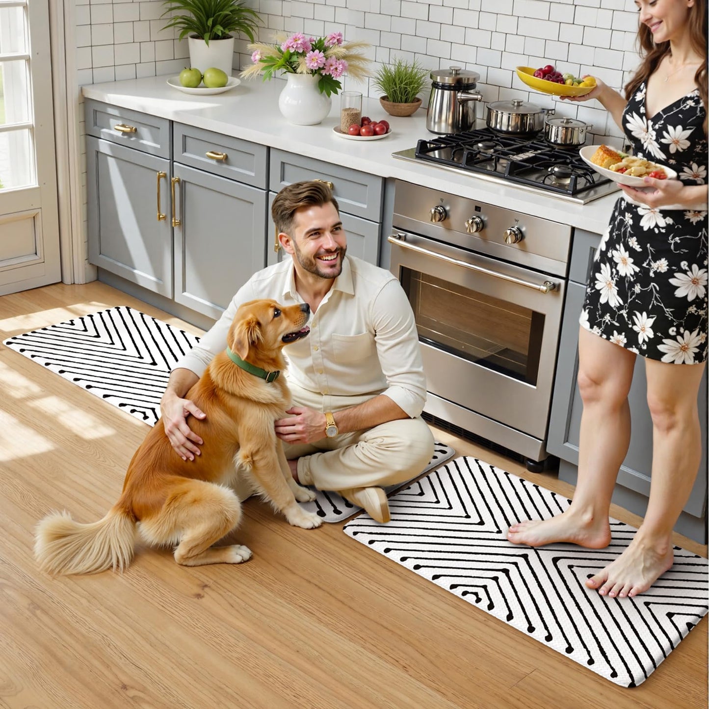 KIMODE Kitchen Mats Cushioned Anti Fatigue, Geometric Kitchen Rugs Sets of 2, Non Slip Waterproof Kitchen Floor Mats, Comfort Standing Mats for Laundry Office Sink Desk 17"x47"+17"x29" Black Diamond