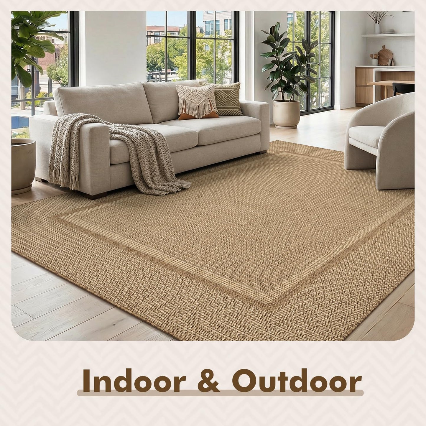 MontVoo-Outdoor Rug-Patio Rug 5x7 ft Polypropylene Indoor Outdoor Rugs Outdoor Carpet for Patio Deck Balcony Porch, Textured Weave, Durable for High Traffic, Fade-Resistant, Modern Neutral Brown