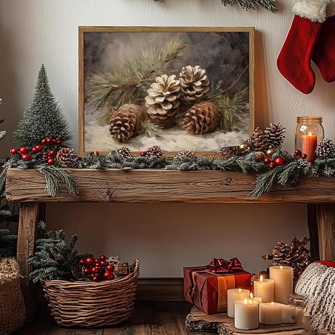 Framed Vintage Christmas Canvas Wall Art, Pine Cones Wall Decor Paintings, Winter Holiday Aesthetic Pictures Prints Rustic Home Decor for Living Room Bedroom Farmhouse 8×10 inch