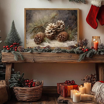 Framed Vintage Christmas Canvas Wall Art, Pine Cones Wall Decor Paintings, Winter Holiday Aesthetic Pictures Prints Rustic Home Decor for Living Room Bedroom Farmhouse 12×16 inch