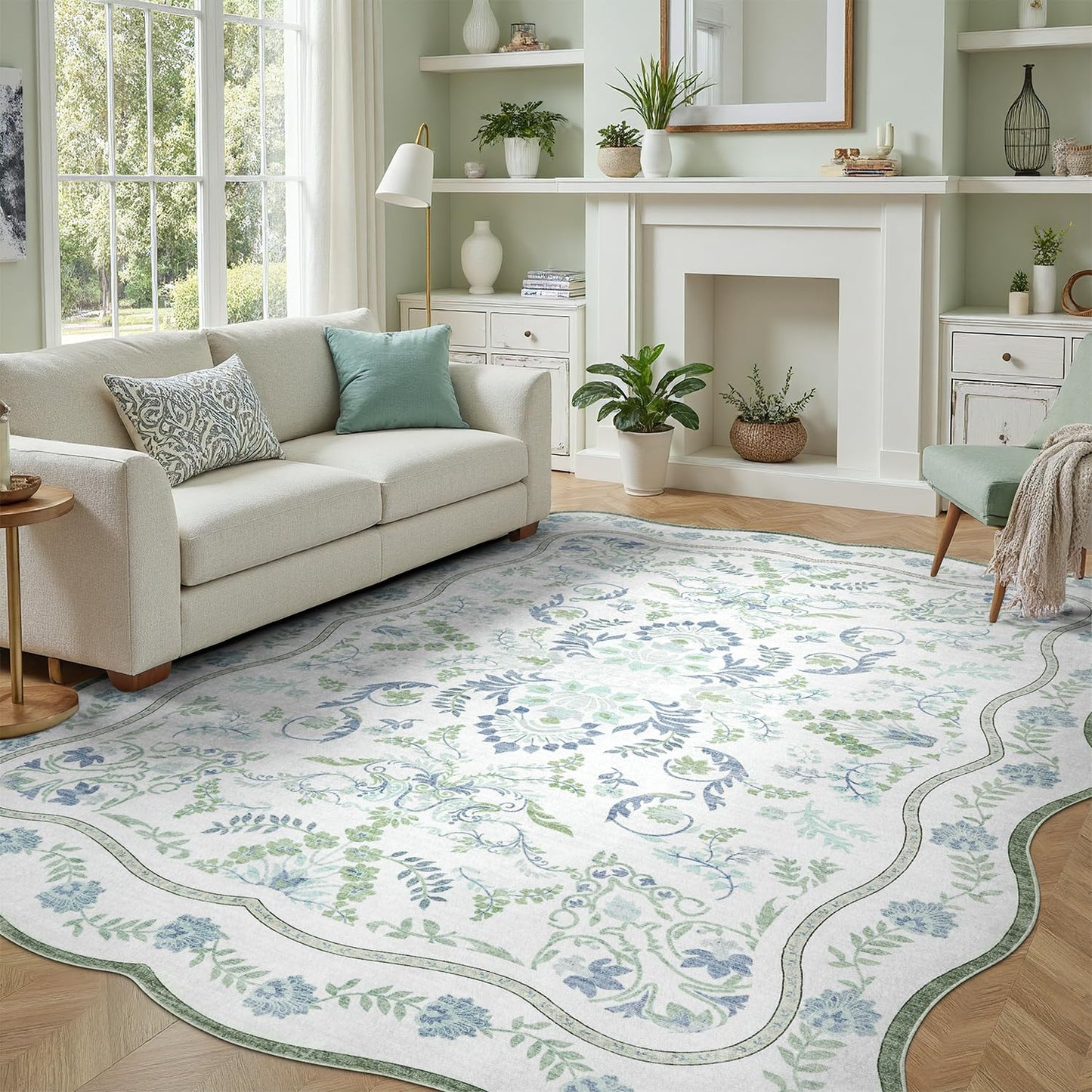 DCX Green and Blue 9x12 Rug, Kid & Pet Friendly with Rubber Back Non Slip, Washable Stain Resistant Botanical Scalloped Rug for Living Room, Bedroom, Soft Low Pile Large Nursery Carpet