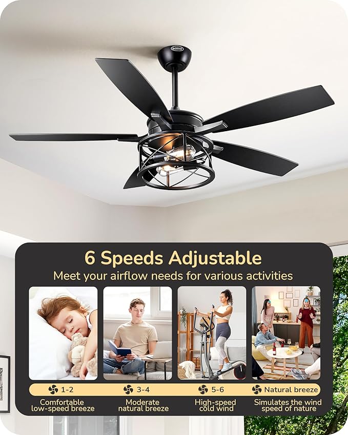 EDISHINE 52" Black Farmhouse Ceiling Fans With Lights, Remote Control, Dimmable, Reversible DC Motor, 5 Wooden Blades Rustic Indoor/Outdoor Ceiling Fan for Living Room Bedroom Porch