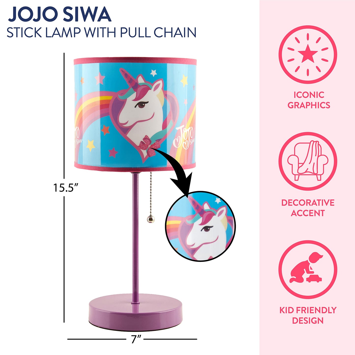 Idea Nuova JoJo Siwa Unicorn Stick Table Kids Lamp Metal with Pull Chain, Themed Printed Decorative Shade