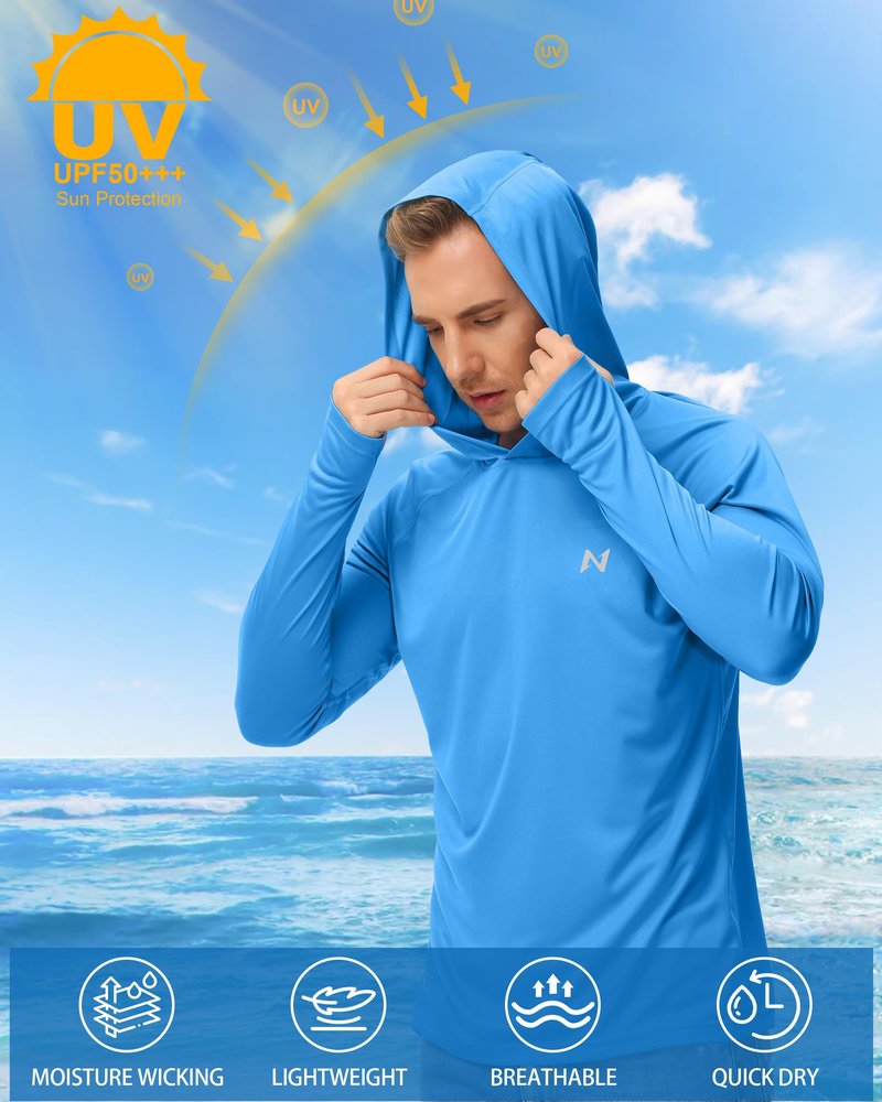 isnowood Sun Shirt UPF 50+ Men's Fishing Long Sleeve UV Protection Hoodie Hiking Rash Guard Swimming Running Blue