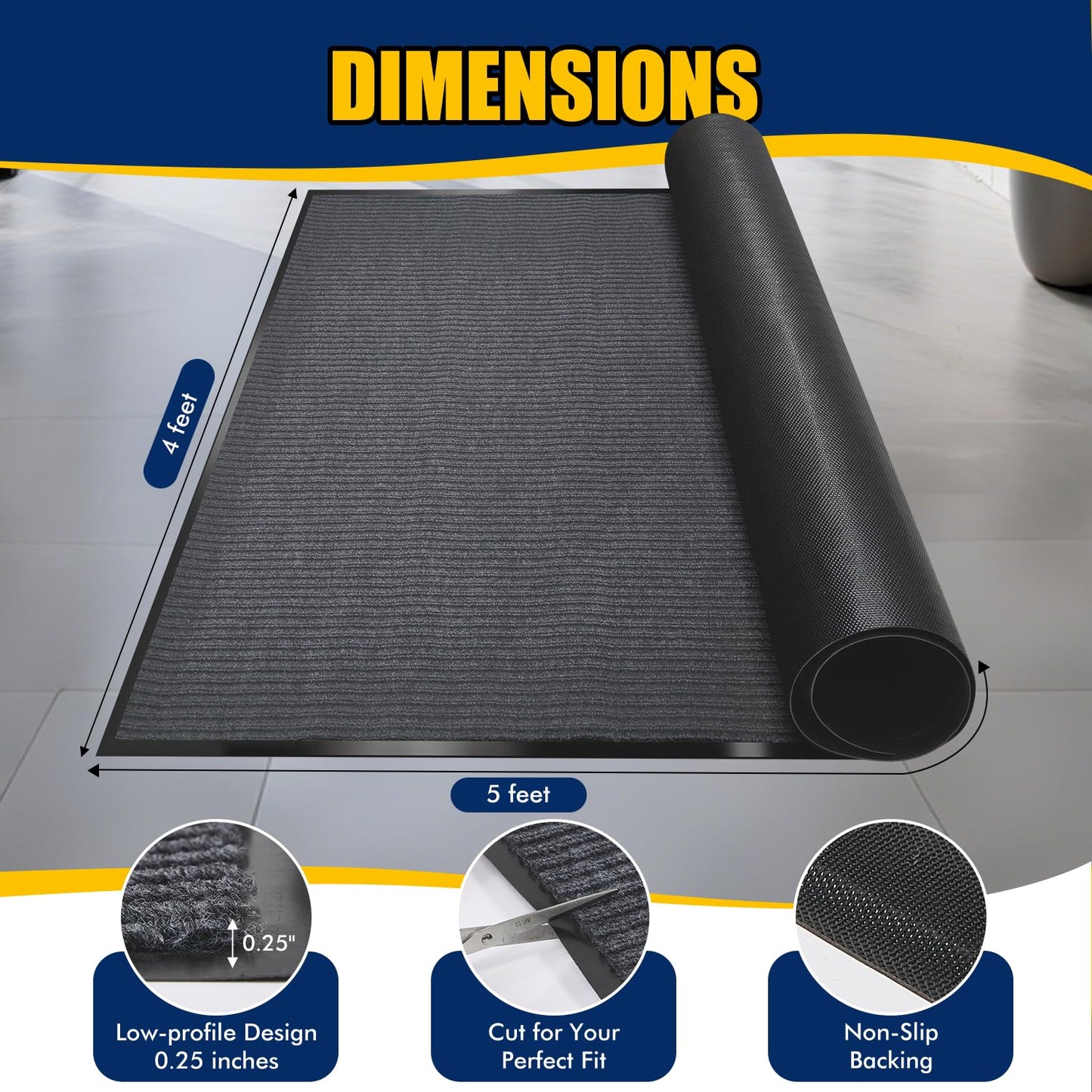 Extra Large Indoor/Outdoor Entrance Mat - 4 x 5 Feet, Rubber Border Door Mat Heavy Duty, Waterproof, Low-Profile, Easy to Clean, Rubber Entry Mat, Commercial Floor Mat, Charcoal Grey