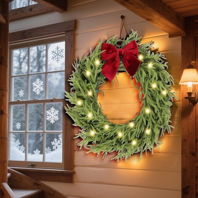 30 Inch Christmas Wreaths for Front Door with Lights,Lighted Norfolk Pine Door Wreath,Prelit Real Touch Artificial Green Winter Wreath with Large Burgundy Velvet Bow for Indoor Outdoor Decor