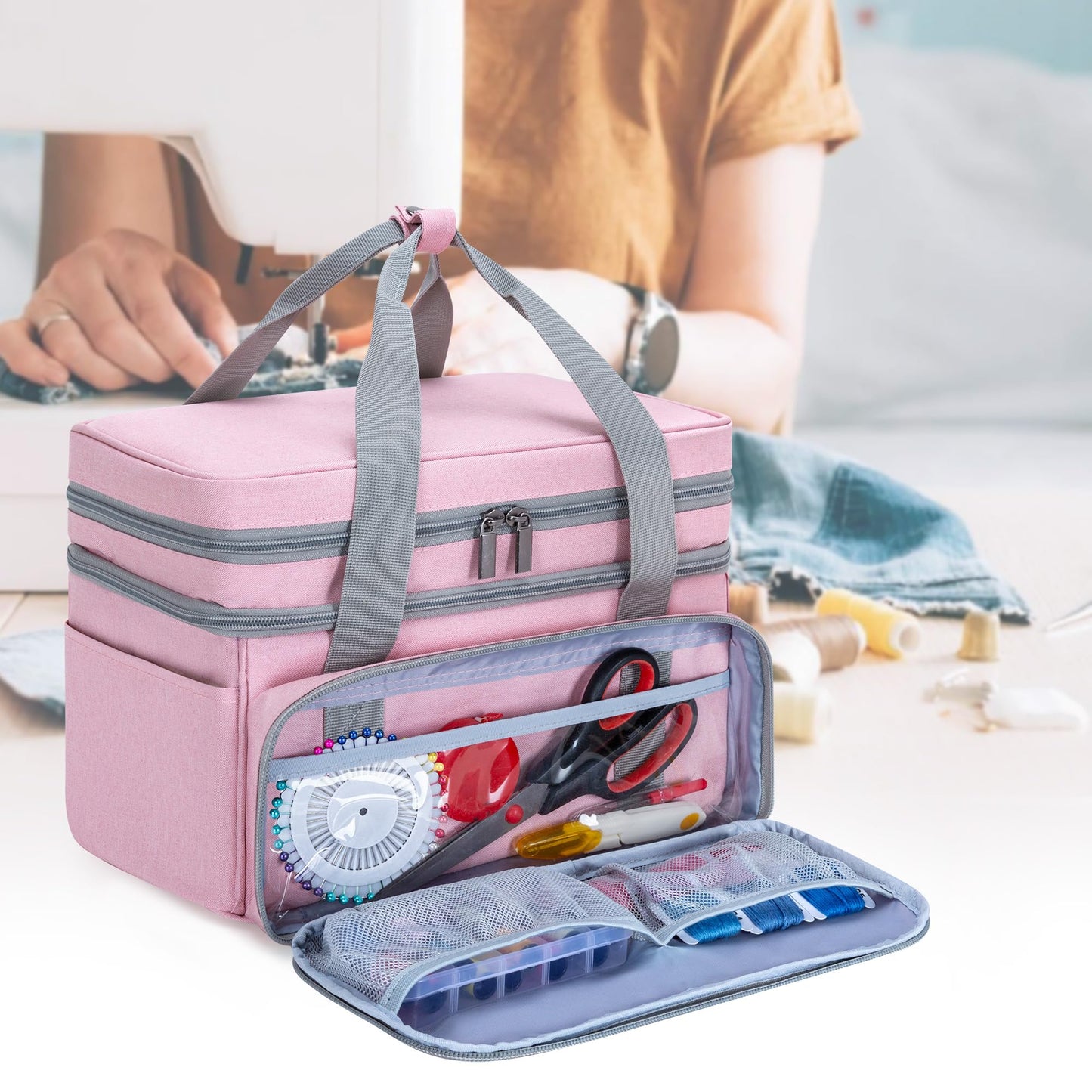 BAFASO Double Layer Sewing Accessories Organizer with 2 Detachable Pouches, Large Sewing Storage Bag for Sewing Tools (Bag ONLY), Pink