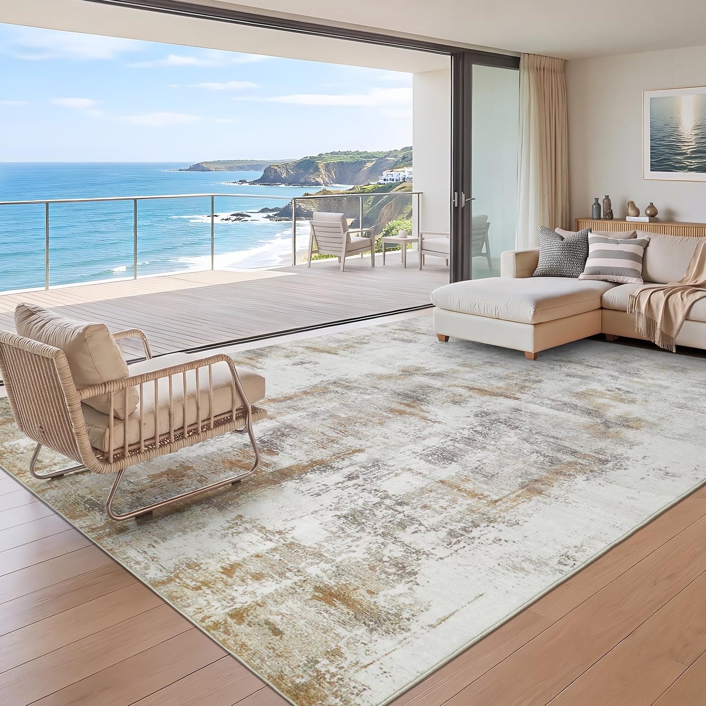 famibay 5x8 Area Rug, Abstract Washable Rugs for Living Room Low Pile Neutral Area Rug for Bedroom Aesthetic Non Slip Rubber Backed Carpet Rugs for Living Room Bedroom Dining Room(Beige/Camel)