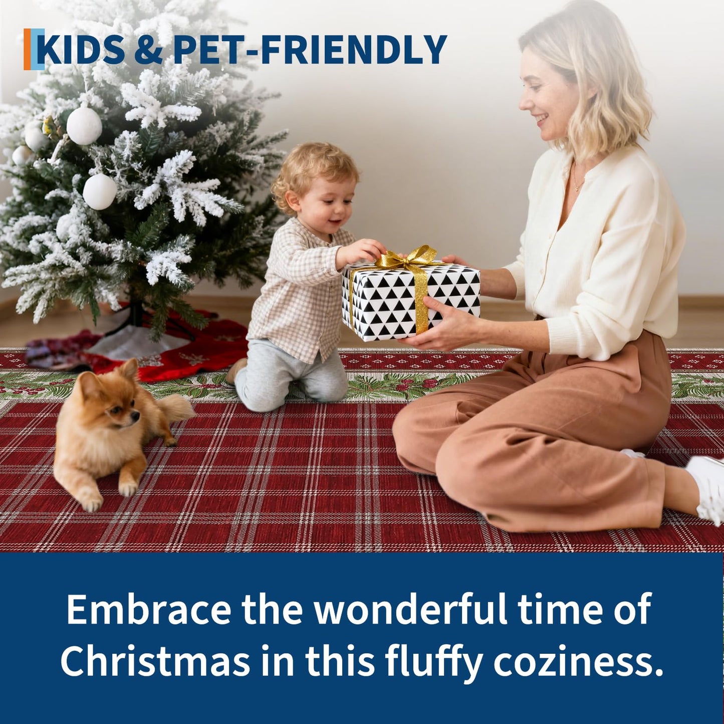 GarveeHome 5x7 Christmas Area Rug for Living Room: Machine Washable Christmas Area Rugs for Bedroom with Non-Slip Backing, Living Room Washable Carpet, Soft Low Pile Non-Slip Bedroom Carpet 5*7 ft Red
