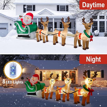 12 FT Christmas Inflatables Santa Sleigh with 3 Reindeer Decorations, Christmas Blow up Santa and Reindeer Inflatable Built-in 8 LEDs for Christmas Inflatable Outdoor Decoration Xmas Party
