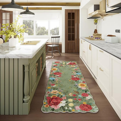 Kitchen Rug Runners for Hallways: 2'6''x8' Washable Runner Rugs for Kitchen Ultra Thin Stain Resistant Non Slip Low Pile Lightweight Vintage Floral Carpet for Laundry Room Decor (Green)