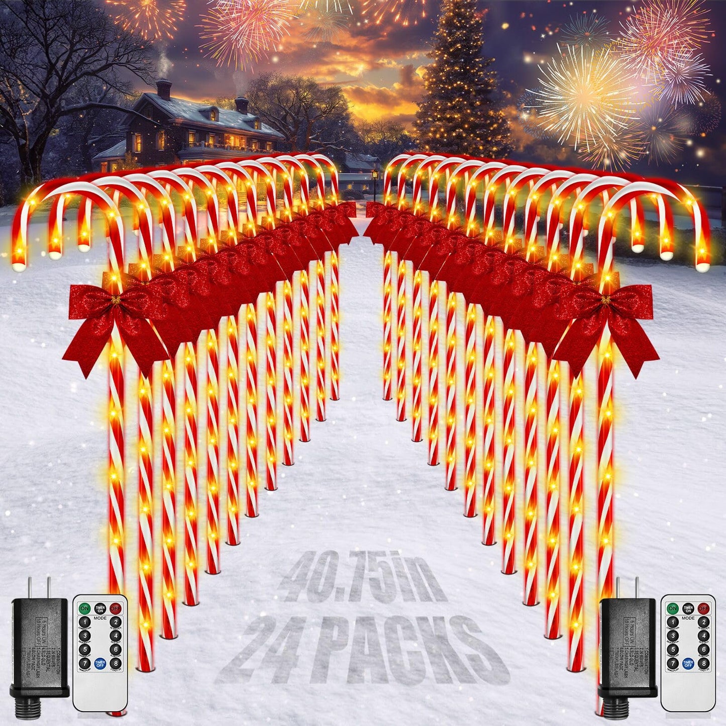 Christmas Candy Cane Pathway Lights, 24PCS 240 LED Christmas Lights Outdoor Decorations with Red Bow Waterproof, 8 Modes Timer Remote Walkway for Xmas Home Yard Lawn Patio Decor