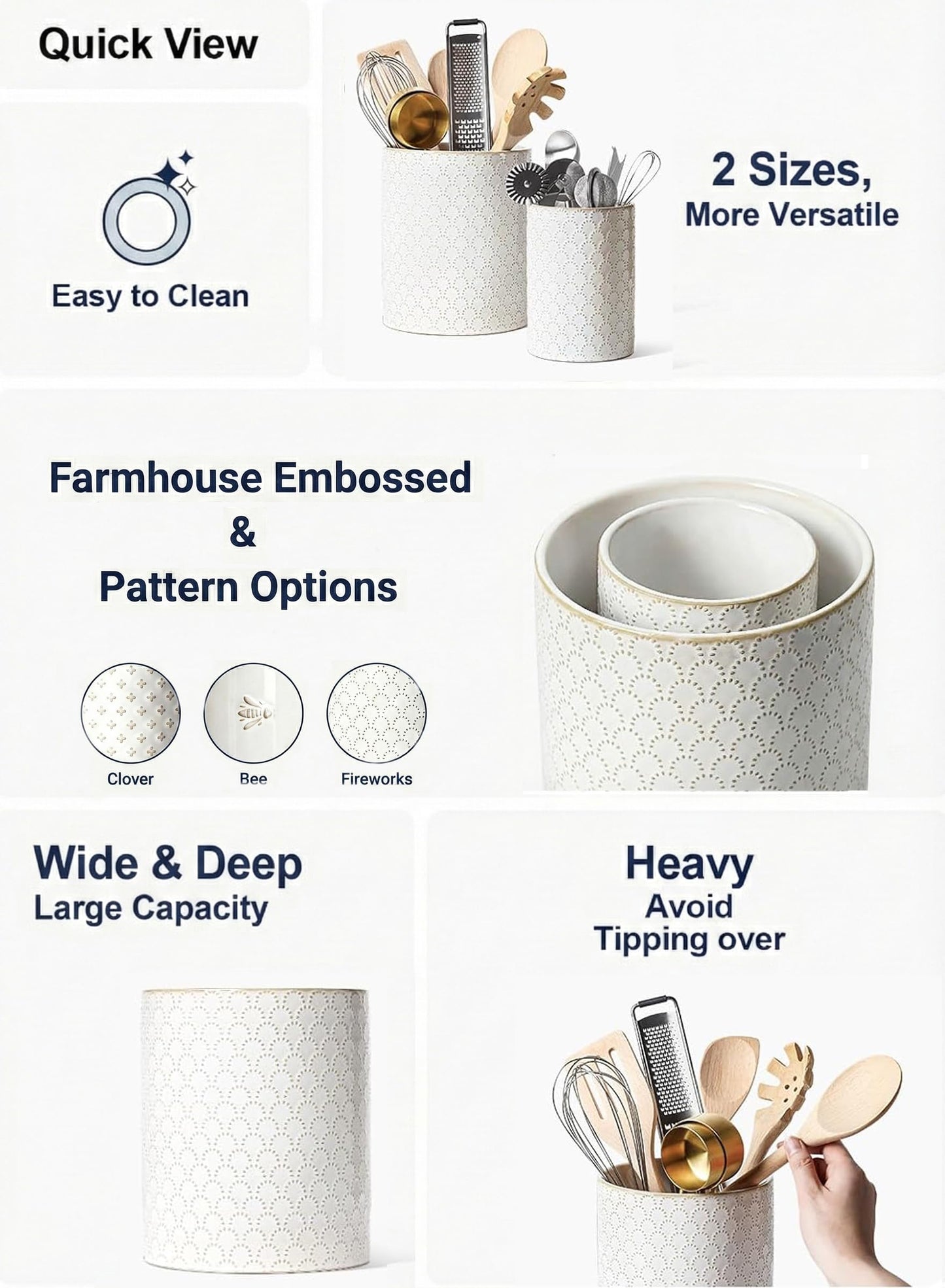 LE TAUCI Kitchen Utensil Holder for Countertop - 7.1"+5.4" Ceramic Utensil Crock Set of 2, Large Cooking Utensil Organizer for Spatula, Spoon, Whisk - Farmhouse Storage, Embossed, Fireworks