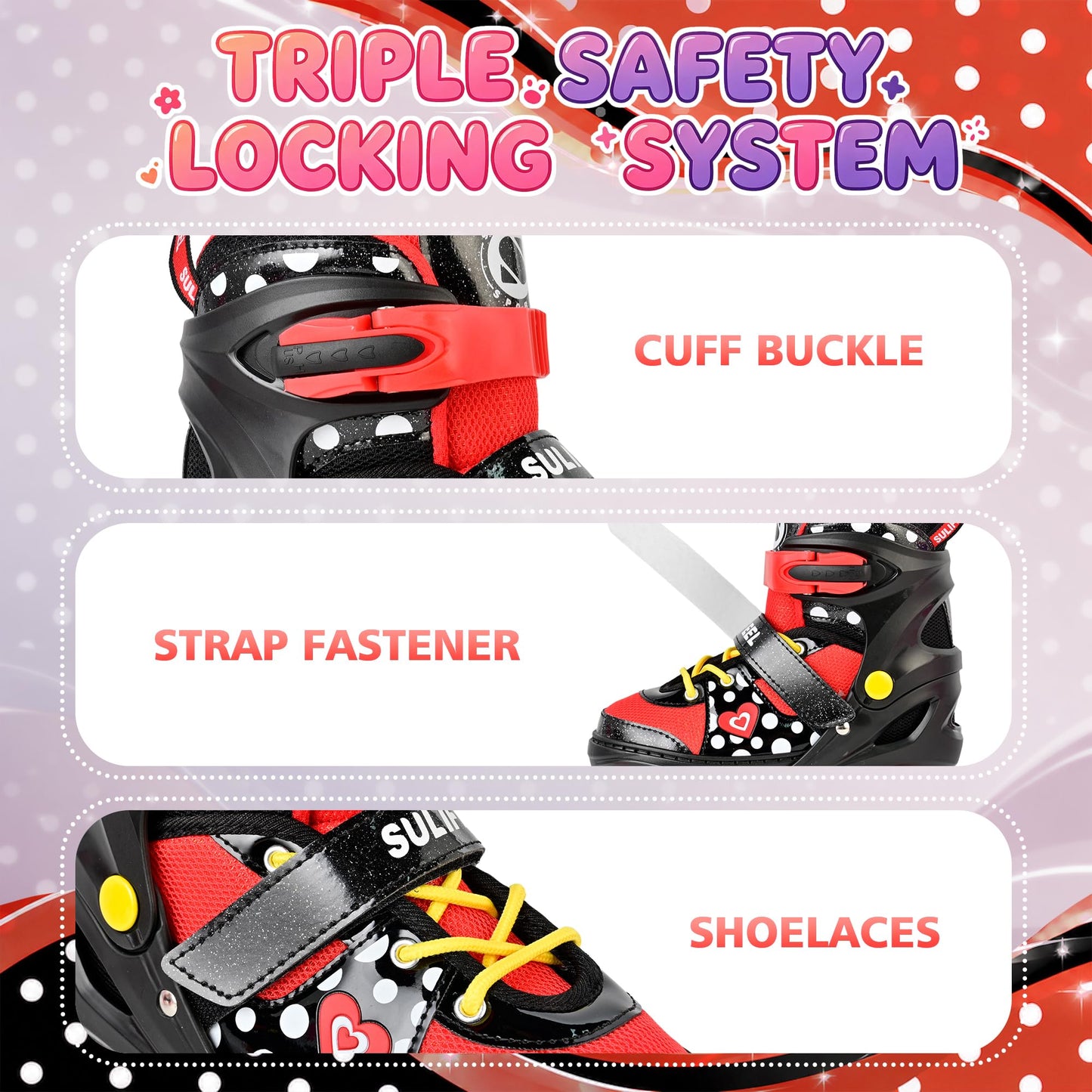 SULIFEEL Adjustable Roller Skates for Girls Ages 5-8 6-12 with Polka Dots & Bow, Light Up Wheels, 4 Sizes Adjustable for Beginner Kids Skates Indoor Outdoor Sports