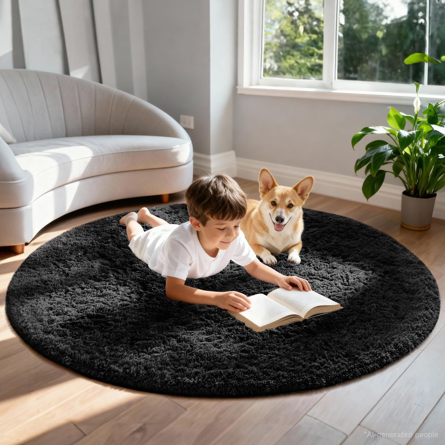 Ophanie Round Rug 6Ft Black Circle Area Rug, Room Decor for Men, Fluffy Fuzzy Bedroom Carpet, Plush Soft Shaggy Living Room Rugs for Kids Home Aesthetic, Nursery