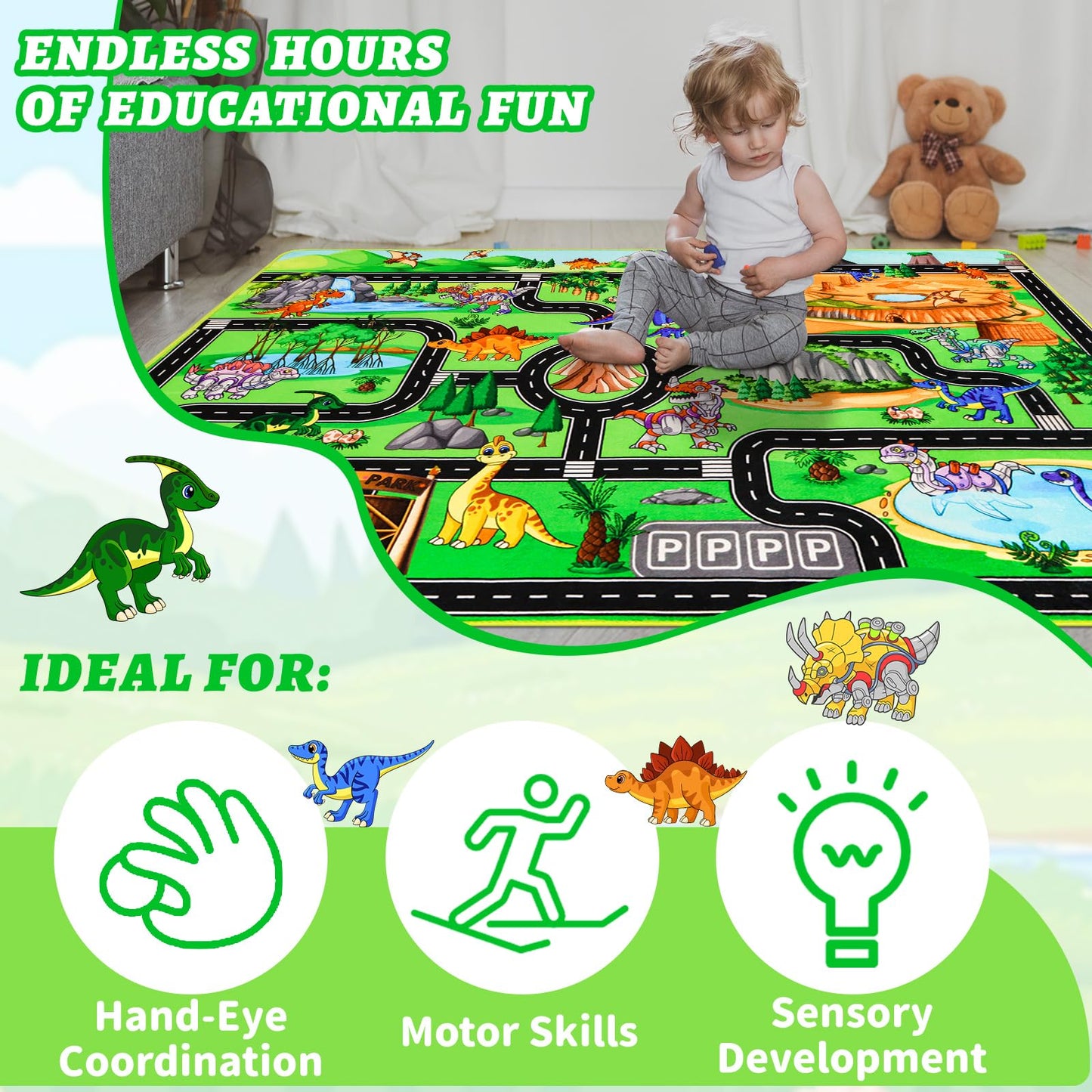 DINSUMRUG Dinosaur Play Rugs Gift Set, Jurassic Car Rug with 12 Metal Vehicles (6 Helicopters + 6 Pickup Trucks), 59"×39.4" Kids Car Play Mat, Dino Park Adventure Rug for Boys Girls 3-8 Years