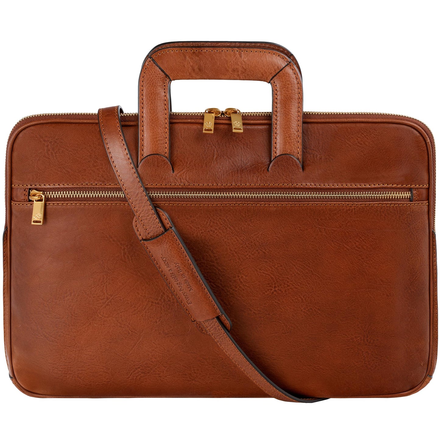 Time Resistance Slim Leather Briefcase - Italian Handmade Leather Laptop Bag for Men and Women (Cognac Brown)