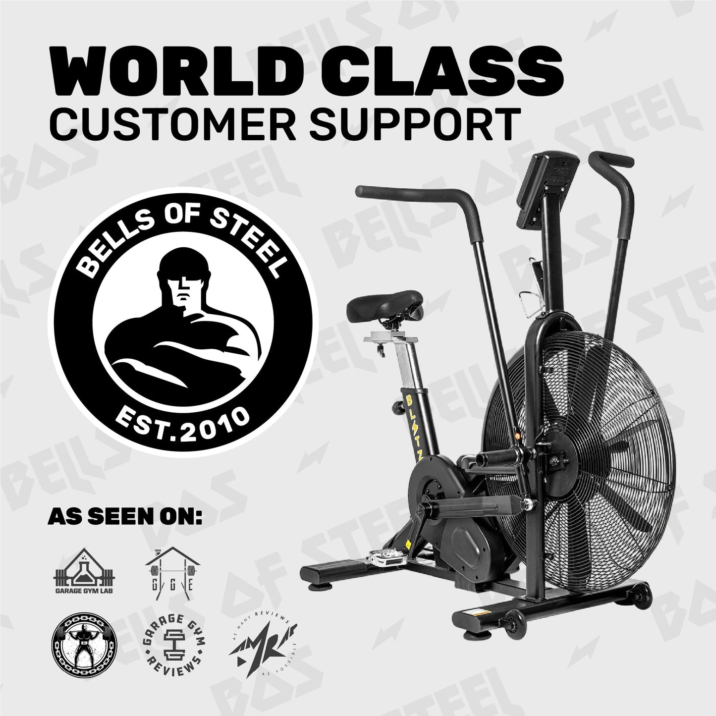 Air Bike [Bells of Steel] Fan Bike Exercise Bike, Blitz Cardio Bike, Belt Driven Air Bike Exercise Machine with Phone and Bottle Holder – 25in Fan Diameter, 350lb Capacity Stationary Bike