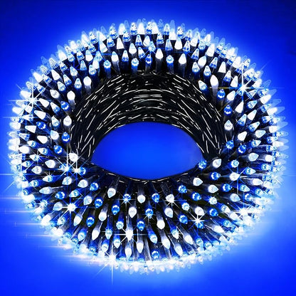 300LED Christmas Lights Indoor Outdoor Use Green Wire, 8 Lighting Modes 100FT Christmas Tree Lights with Timer & Memory, IP44 Waterproof for Tree Xmas Patio Yard Fence Balcony Garden Blue & Cool White
