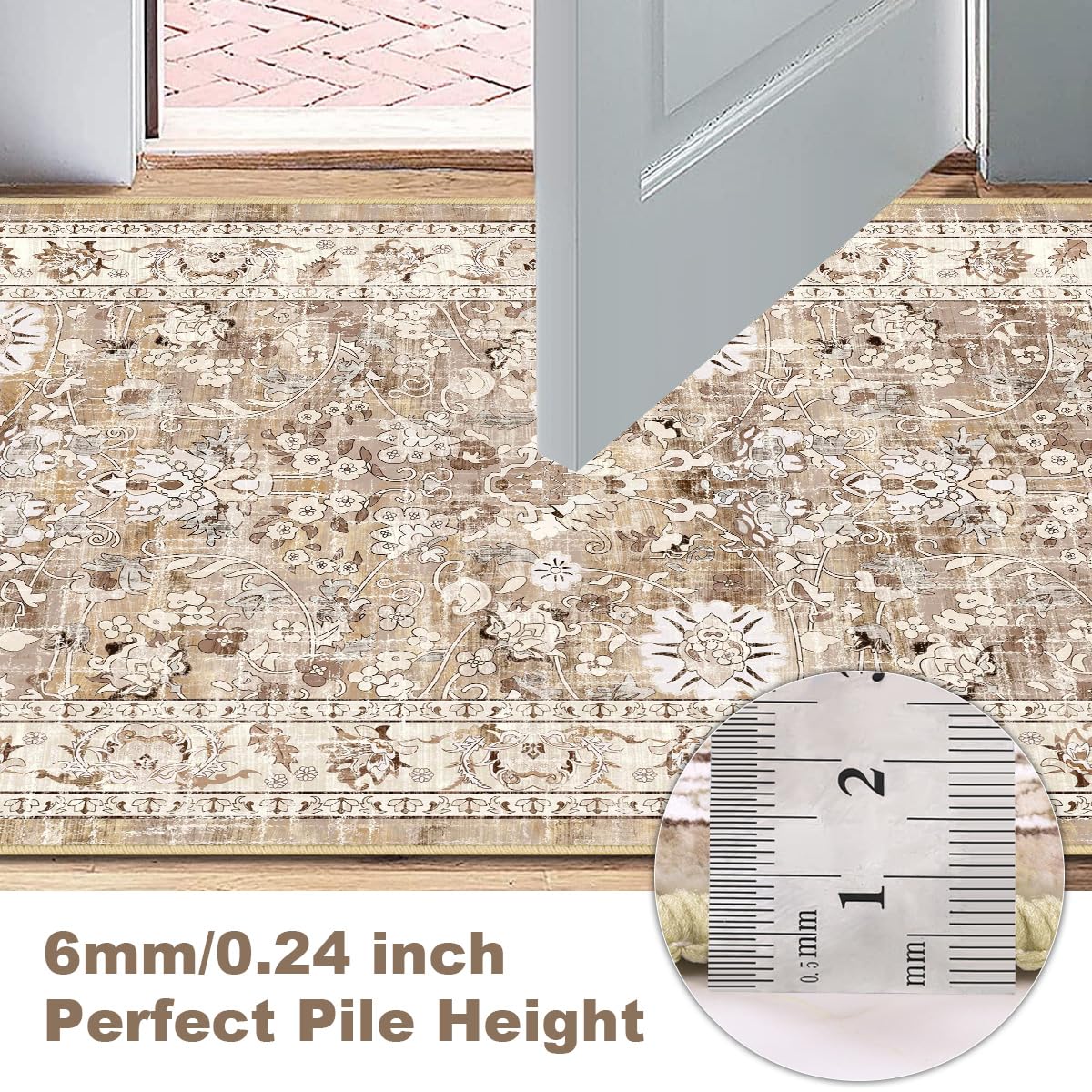 LOKHOM Washable Runner Rug, 2x8 Non-Slip Vintage Hallway Runner Rug with Rubber Backing, Boho Floral Soft Faux Wool Kitchen Rug Carpet Runner for Laundry Entryway Bedroom (Beige Brown)