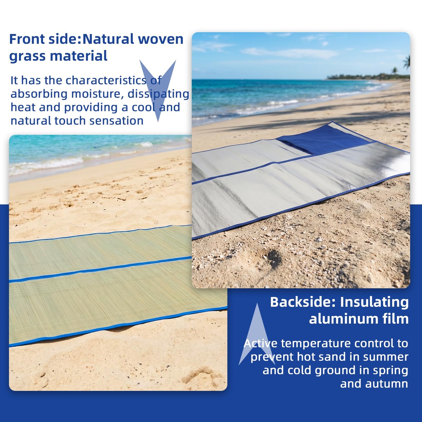 U0U 70x31.5inch Straw Beach Mat with Heat Insulation Aluminum Film,Foldable Breathable Natural Straw Mat for Insulate Beach Heat and Beach Picnic Camping Tent Crawling Yoga (Blue, 70x31.5inch/2pcs)