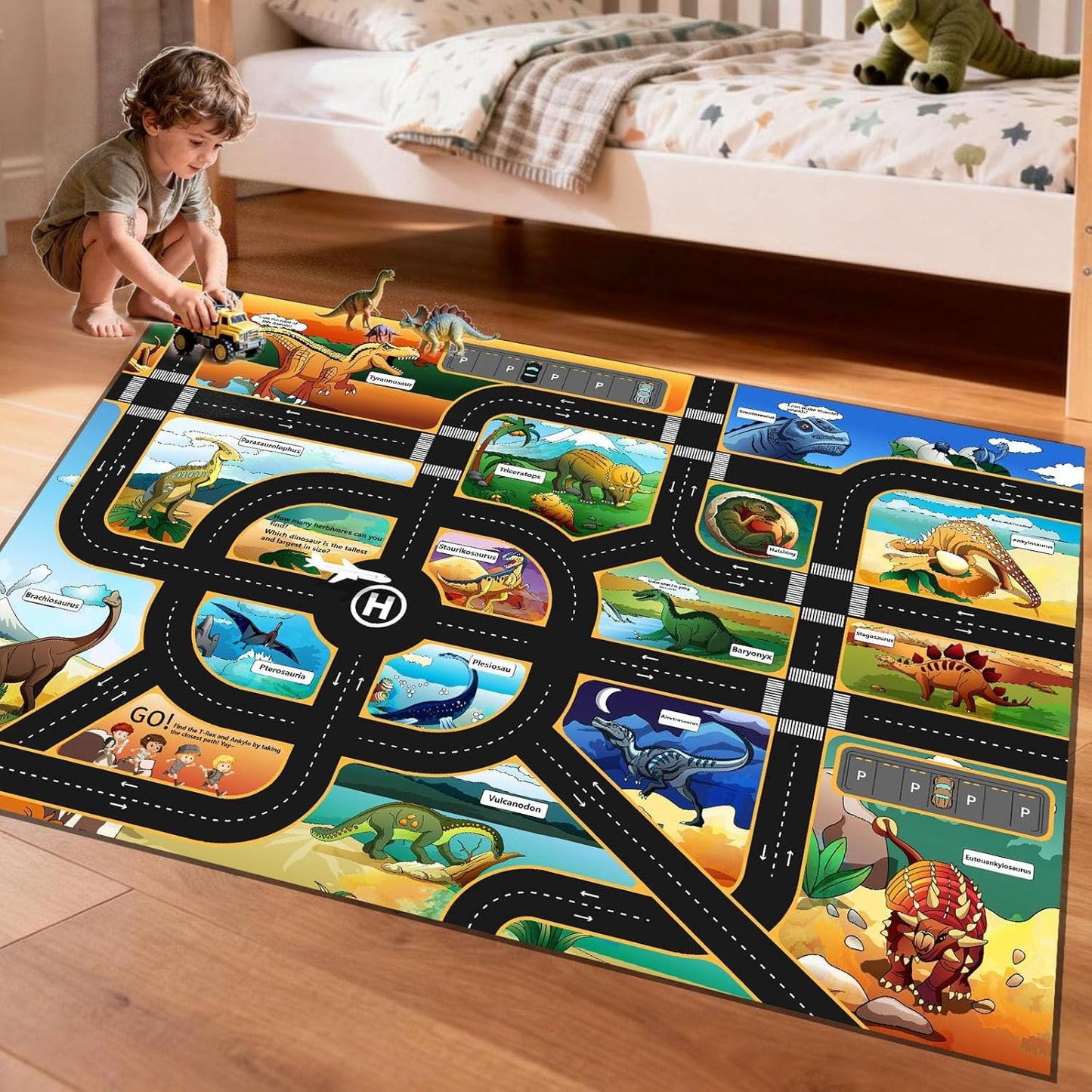 CLAILEIRS Cartoon Dinosaur Rug, Washable Dinosaur Mat with Road, Dino Play Mat Carpet for Boys Bedroom, Playroom (47"×71")