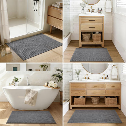 Color&Geometry Rubber Backed Waffle Bath Mat 47x17, Non Slip Water Washable Bathroom Rugs, Soft Absorbent Chenille Boho Carpet for Bathroom Floor, Tub and Shower, Grey