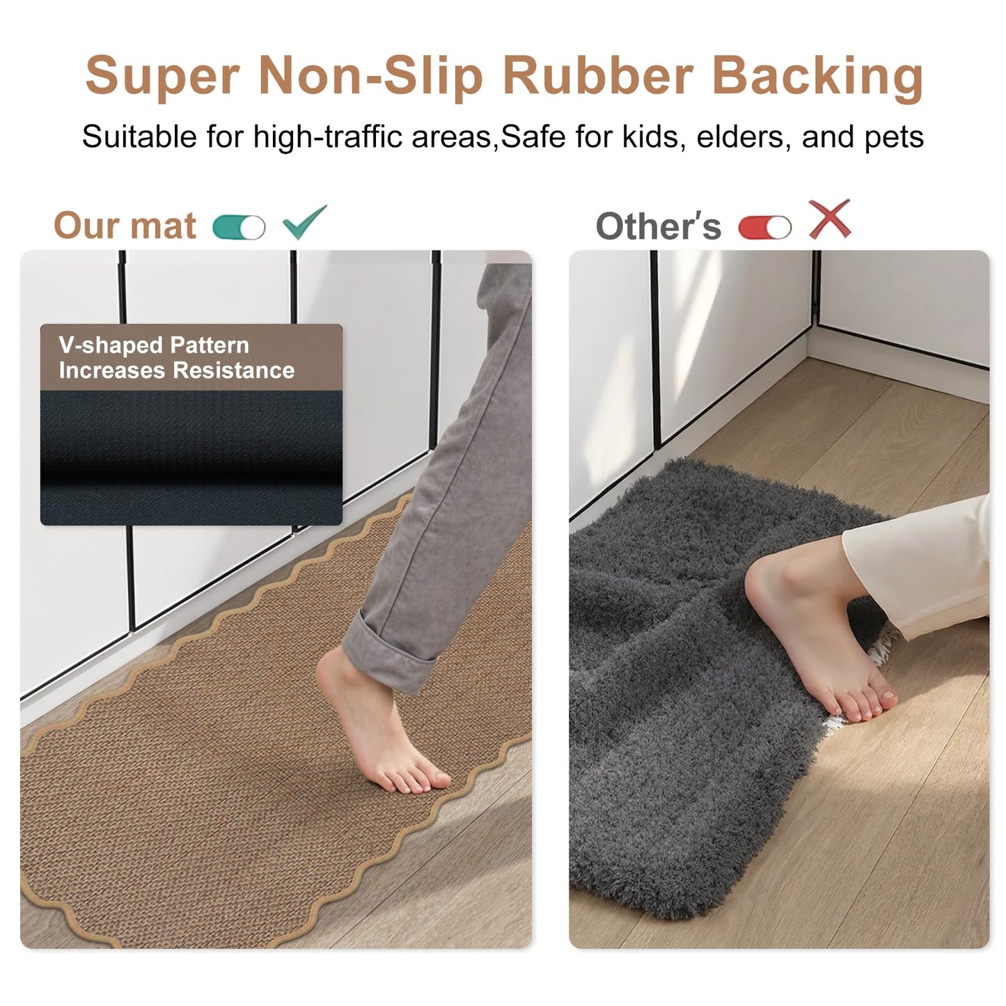 KIMODE Kitchen Rugs and Mats Set of 2,Scalloped Kitchen Mats for Floor,Non Slip Washable Farmhouse Kitchen Runner Rug,Absorbent Braided Kitchen Sink Mats for Kitchen Decor,17"x29"+17"x47",Brown