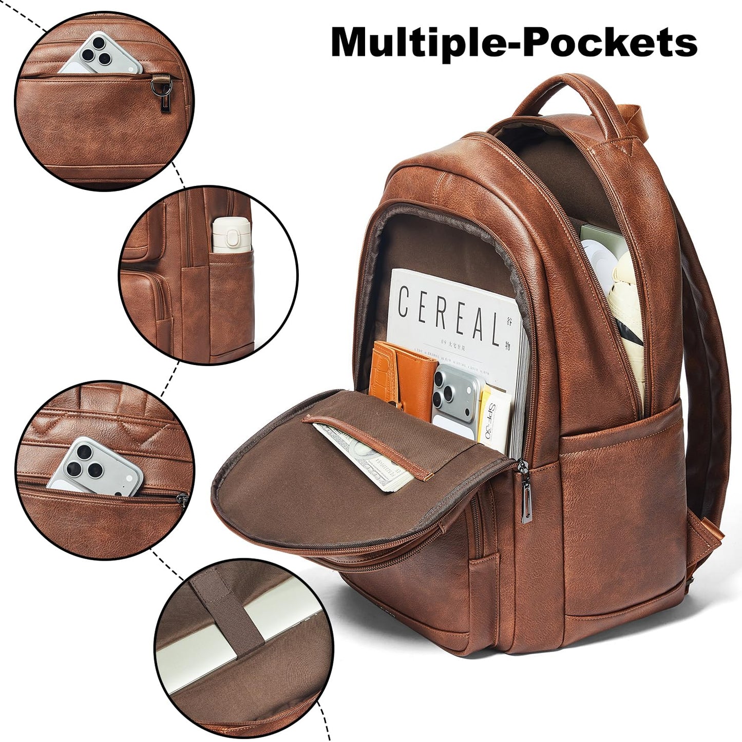 LATMAP Backpack Purse For Women Men Leather 17 16 15.6 Inch Laptop School Travel College Book Bag Work Diaper Nurse Teacher Handbag Large Brown