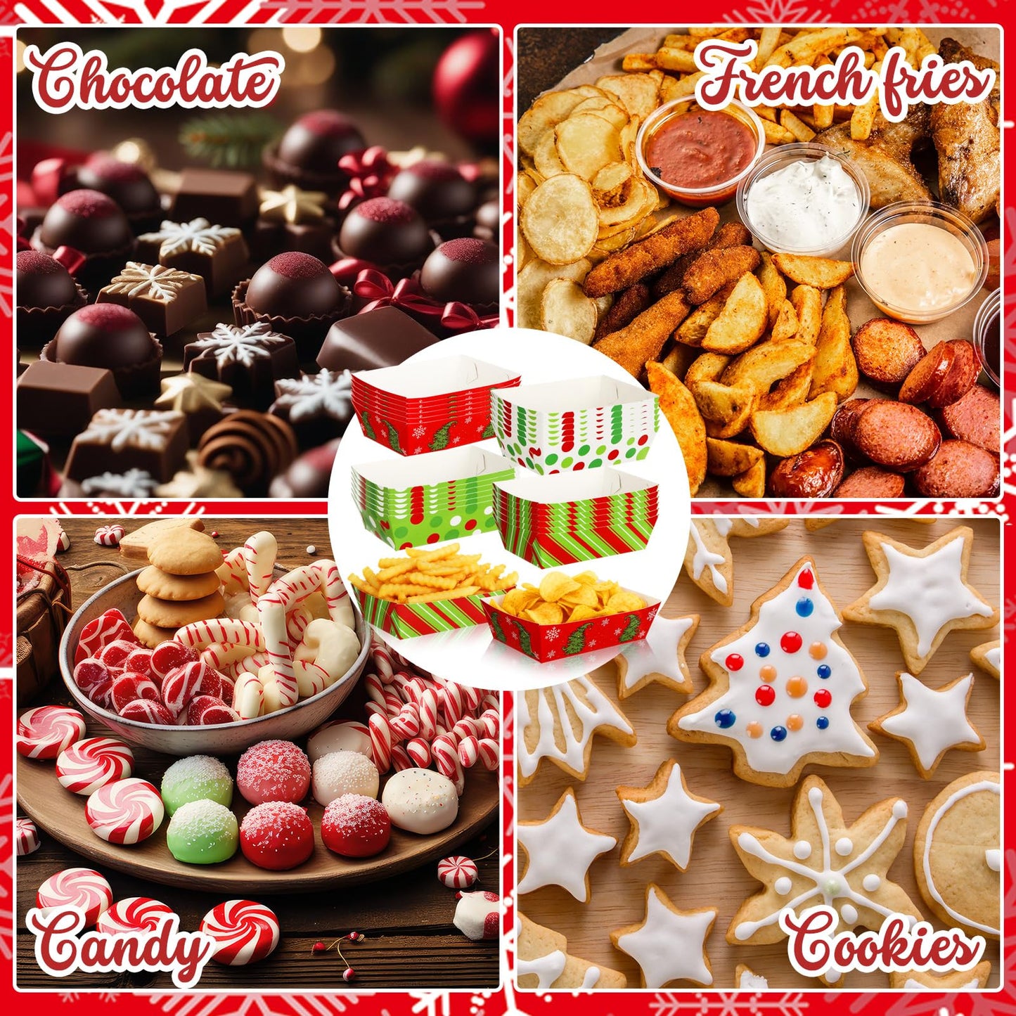 Dunzoom 48 Pcs Christmas Paper Food Trays Plates Disposable Christmas Movie Snack Trays Santa Elf Snowman Red Green Plates Nacho Hot Dog Serving Boat for Xmas Party Supplies Decoration (Style 2)