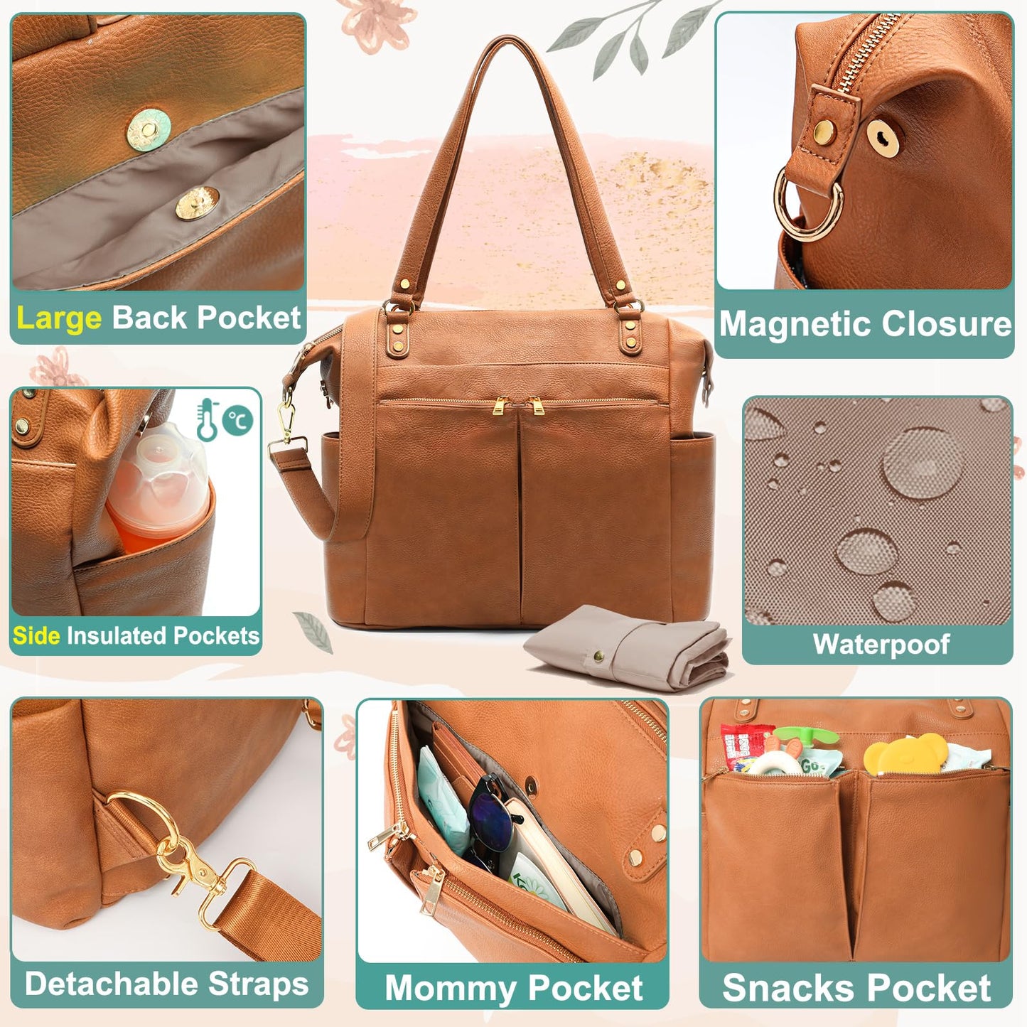MOMINSIDE Diaper Bag Tote, 4 in 1 Leather Diaper Bag Backpack with 13 Pockets, Convertible Baby Bag for mom,Hospital bag Pañaleras Para Bebe, Changing Pad, 4 Large Insulated Pockets(Brown)