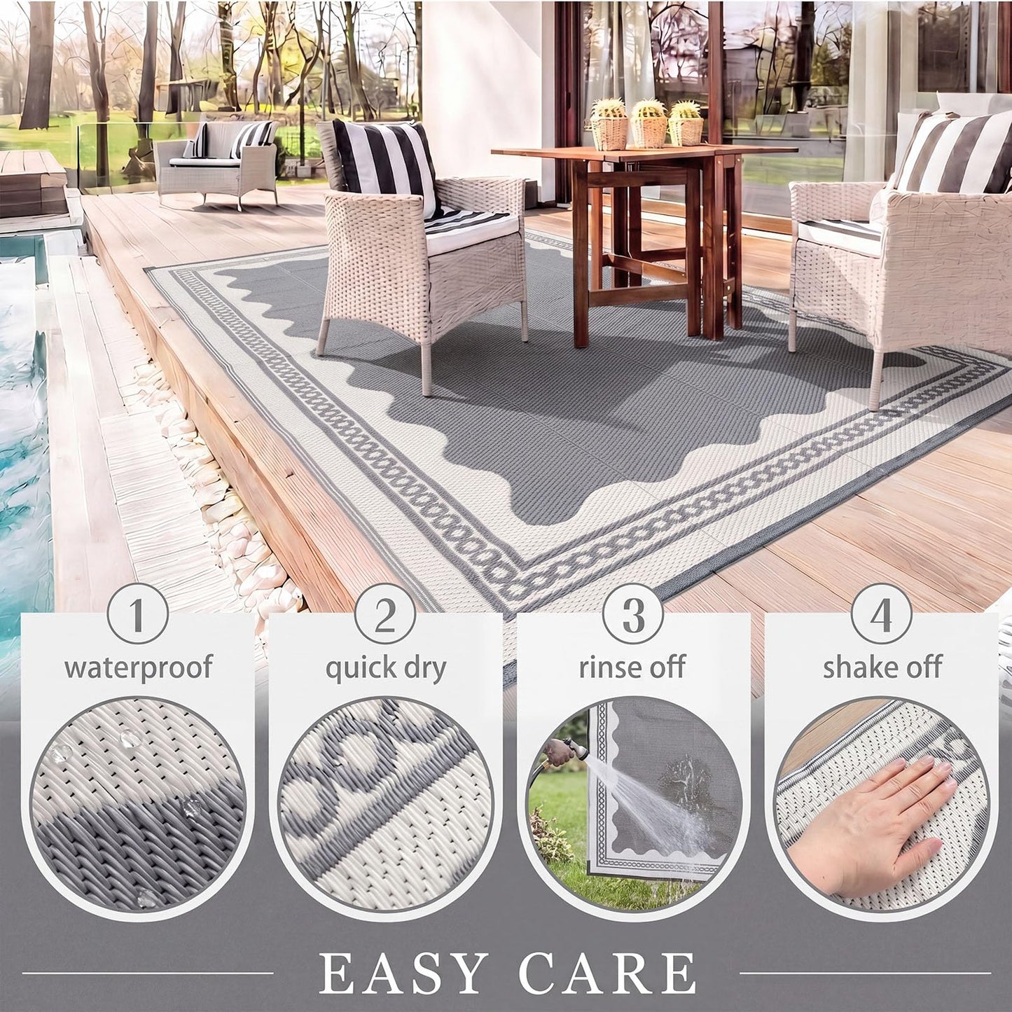 Dunzy Scalloped Outdoor Patio Rug, 6 x 9 ft Non-Slip Reversible Plastic Straw Pool Rug Indoor Outdoor Area Mat for Outside Rv Camping Deck Pool Beach Porch Backyard (Grey, White)