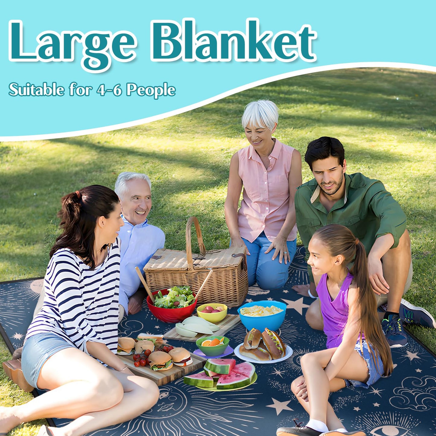 awufncksn Gothic Picnic Blankets Waterproof Foldable,60″X80″Thick Picnic Mat Blue Outdoor Blanket for Grass, Sun and Moon Beach Blanket Sandproof Picnic Accessories for Camping Party Travel Park Lawn