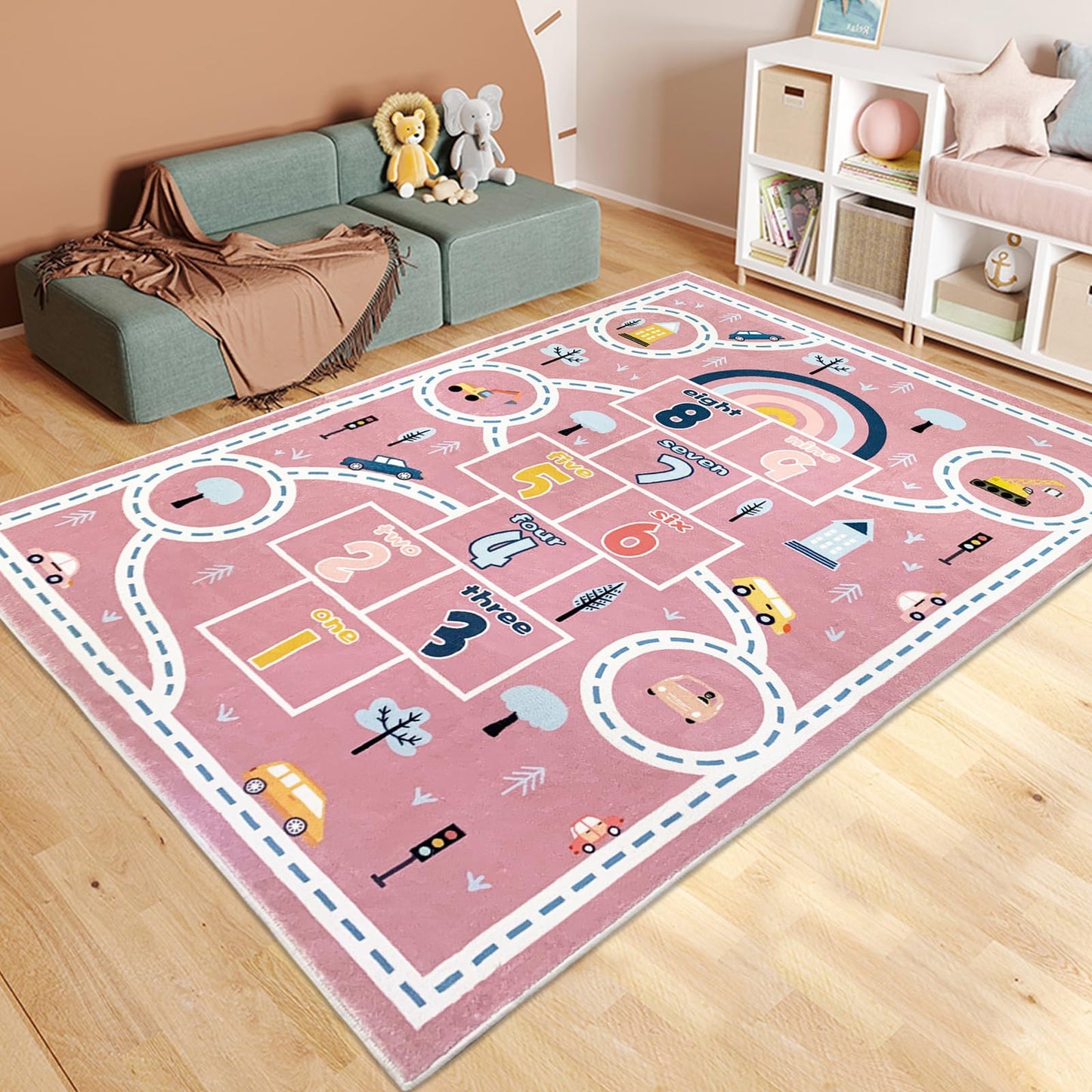 Abeigoi Kids Play Mat Hopscotch Car Area Rug 5x8Ft Extra Large for Girls Bedroom Soft Classroom Educational Learning Children Preschool Car Road Boys Gift, Pink