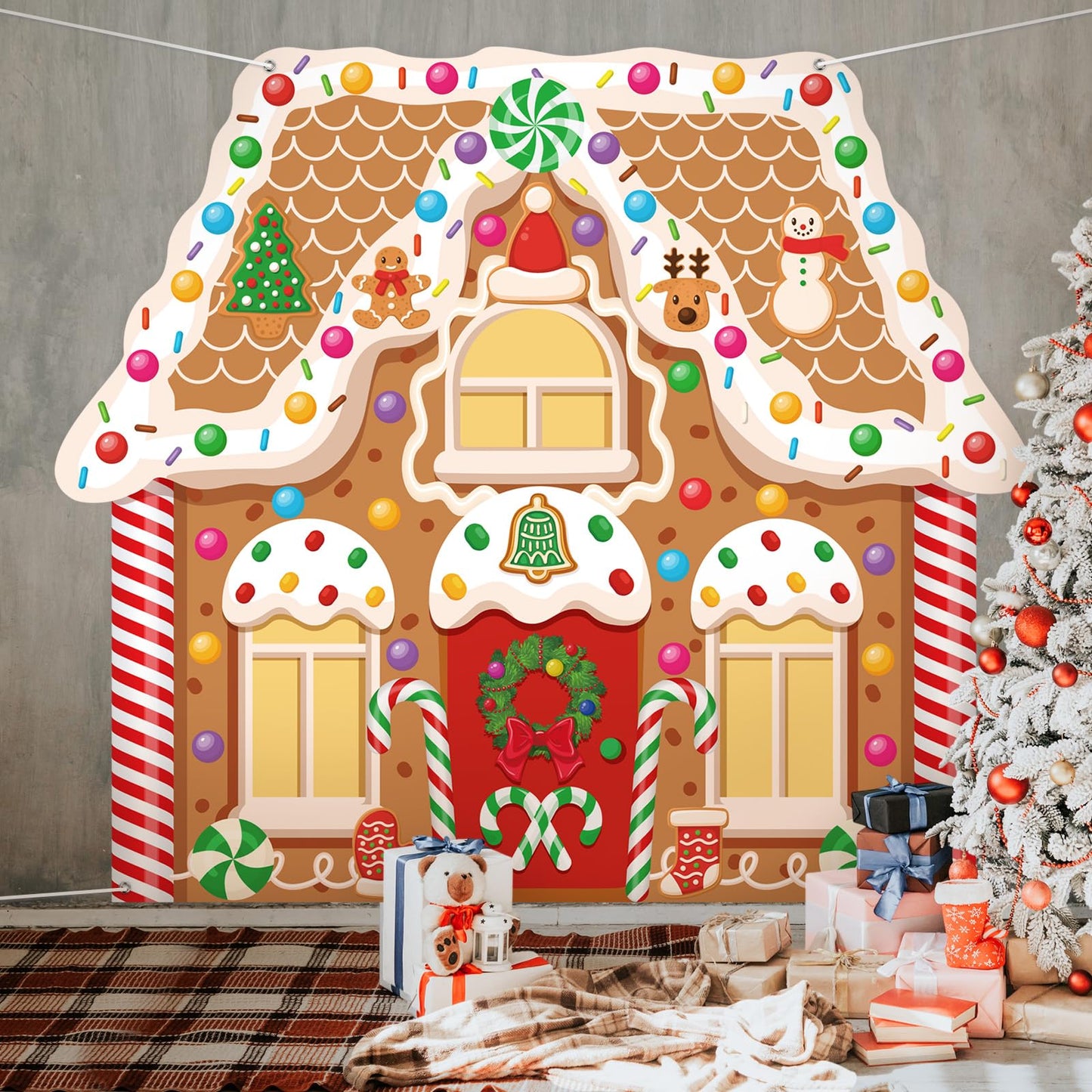 Panelee Extra Large Christmas Banner Decorations 7.4x6.5 ft Polyester Gingerbread House Backdrop Xmas Party Background for Xmas Holiday Garage Door Yard Photo Booth Indoor Outdoor Decor(Vivd)