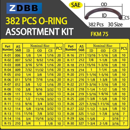 ZDBB 382 PCS SAE FKM Viton O Ring Assortment Kit 30 Sizes Fluorocarbon Oring for Aviation Car Engines Cylinders Hydraulic Plumbing Various Industrial Chemical High Temperature and Oil Resistance