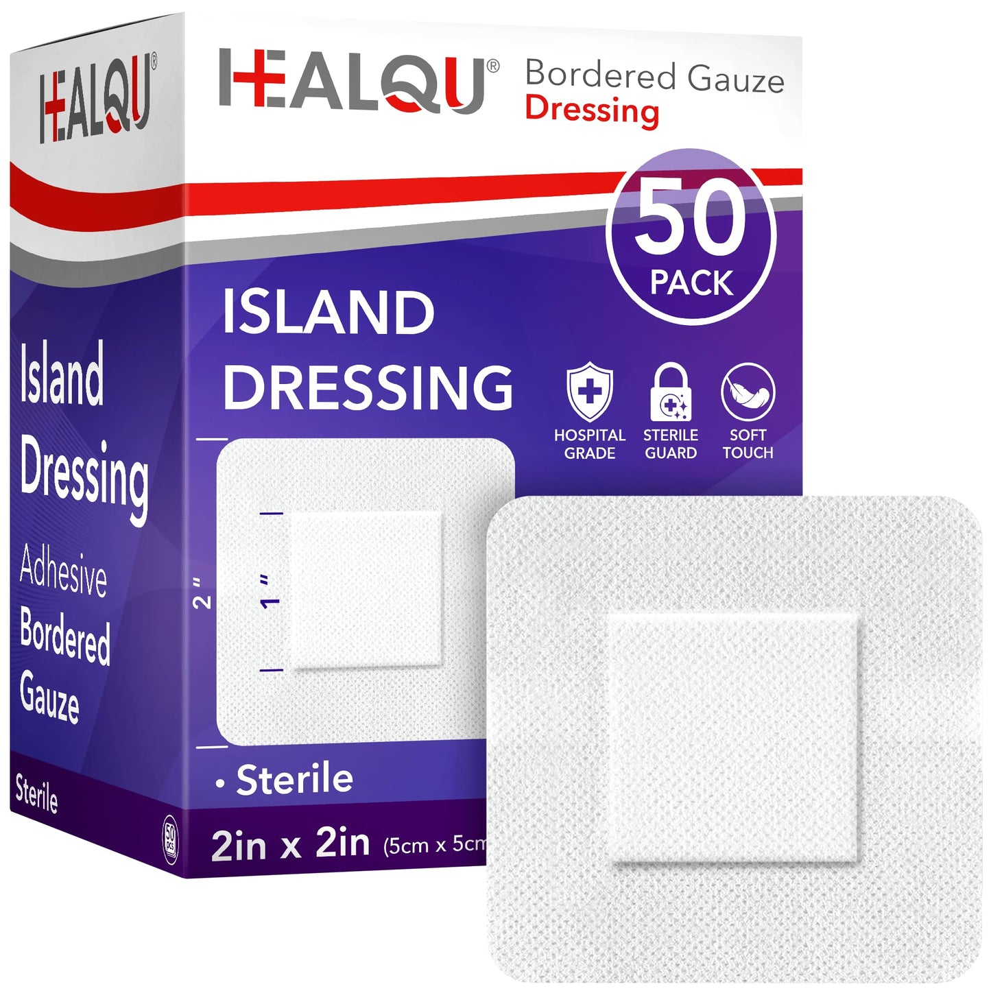 HEALQU Bordered Gauze Island Dressing - 50 Count, 2" x 2" Sterile Individually Wrapped Gauze Pads with Water-Resistant, Non-Woven Backing - Soft and Breathable Wound Dressing for First Aid and Medical