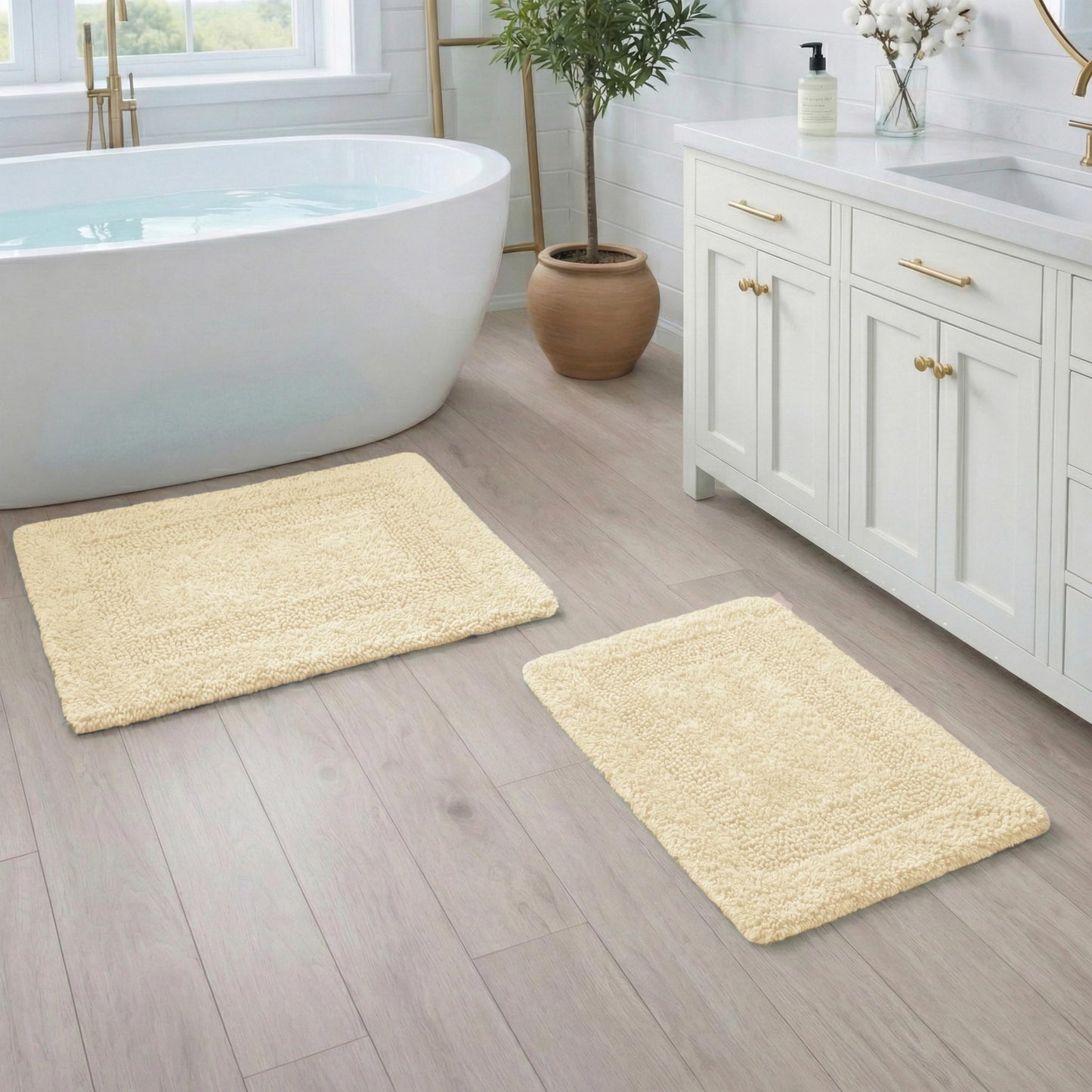 Cotton Reversible Bathmat Rug Set of 2, 21x32/17x24 Inches - Light Yellow, Quick Dry Water Absorbent Hotel Quality Bath Rugs Ideal for Kitchen, Bathroom, Toilet | Spa Style Ultra Soft Mat for Washable