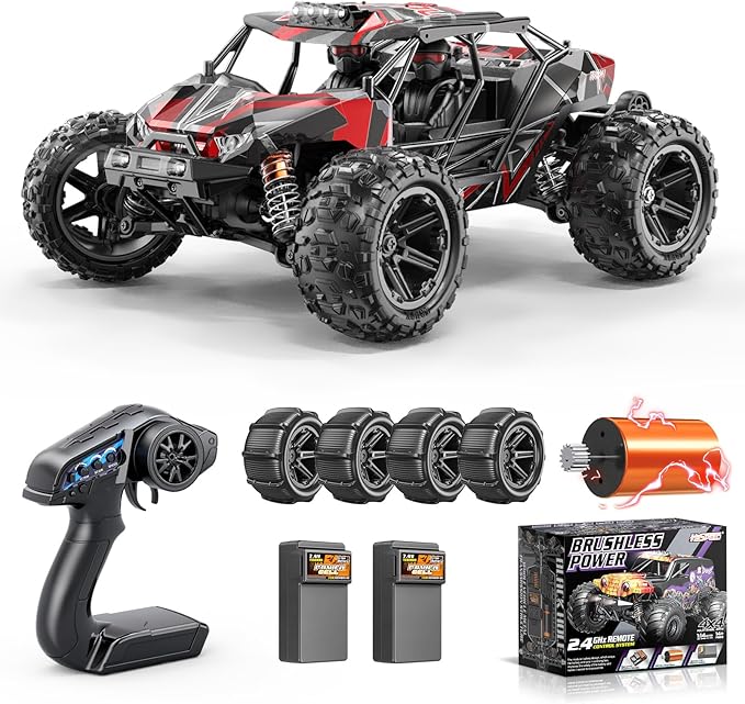 RC Cars 1/14 Brushless RC Car for Adults&ampBoys Full Roll-Cage Frame 4WD Fast Max 42mph Remote Control RC Trucks for adults with Two 2S LiPo Batteries and Two sets of tires Compatible with 3S Li