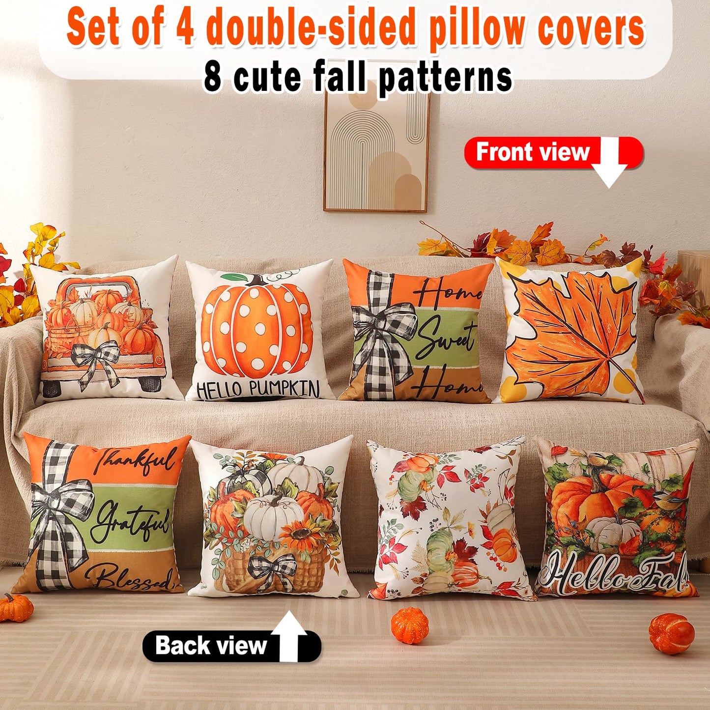 Fall Decorations Set Of 4 Double-Sided Print Fall Pillow Covers with 8 Cute Autumn Decor Patterns, Elegant Invisible Zipper, 20" x 20" Soft Linen Throw Pillow Covers for Outdoor & Indoor Use