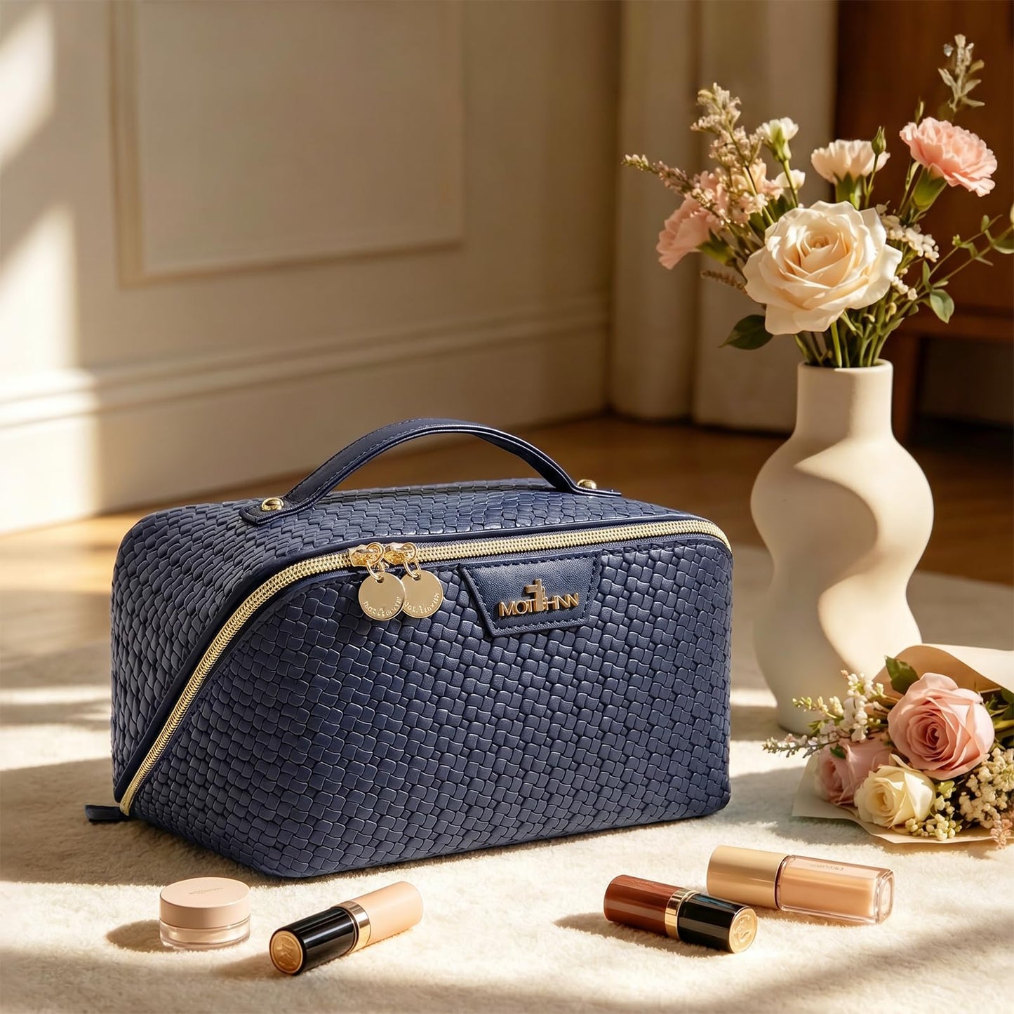 Travel Makeup Bag for Women: 3 Pcs Set Cosmetic Bags for Women - Large Capacity Vagen Leather Hand-made for Toiletry Organizer - Waterproof Ladies Travel Flat Open Essentials for Luxury (03Blue)