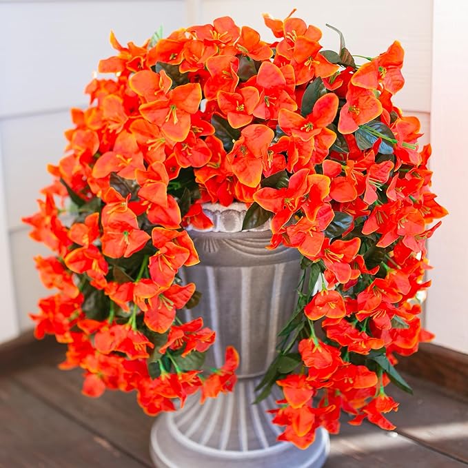 Bougainvillea Artificial Fall Hanging Flowers Plants for Outdoors Autumn Decoration, 2pcs Faux Bougainvillea Vines Orange Fake Flowers Realistic UV Resistant Silk Flowers for Outside Planter Yard Home