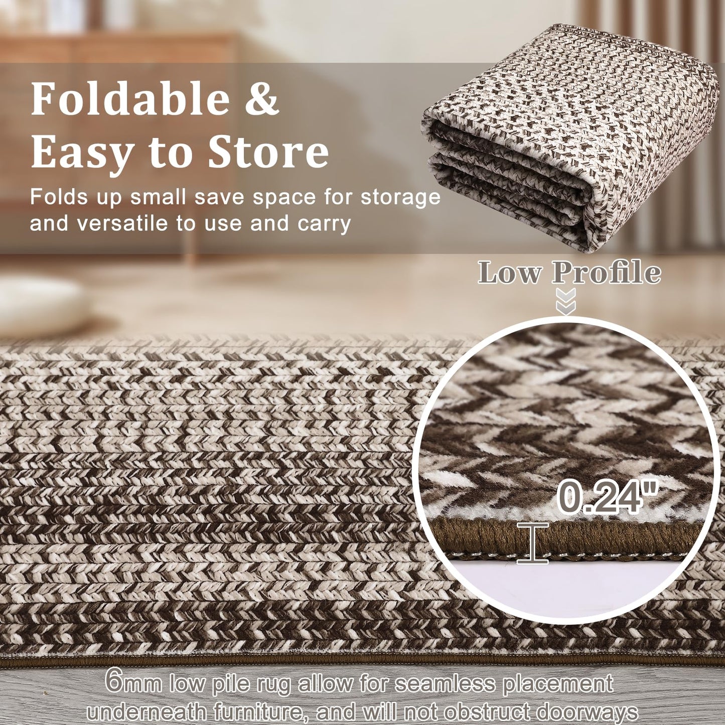 Modern Bordered Round Area Rug 4ft Washable Bedroom Circle Rugs Non Slip Stain Resistant Dining Room Round Throw Carpet Contemporary Circle Mats for Living Room Kitchen Nursery, Mocha