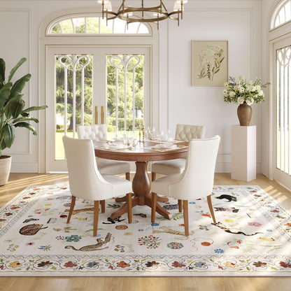 Rugcomf Living Room Rug 5x7 Rug Machine Washable Boho Area Rug Non Slip Floral Animal Cat Vintage Low Pile Large Rugs for Living Room Bedroom Farmhouse Dining Room Kids Playroom, Beige