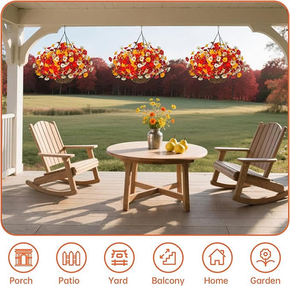 Artificial Fall Flowers with Hanging Baskets Outdoors, Faux mums for Outdoor planters, Fake Mums Petunia Artificial Hanging Plants UV Resistant for Autumn Porch Garden Home Yard Decor (Deep Autumn)