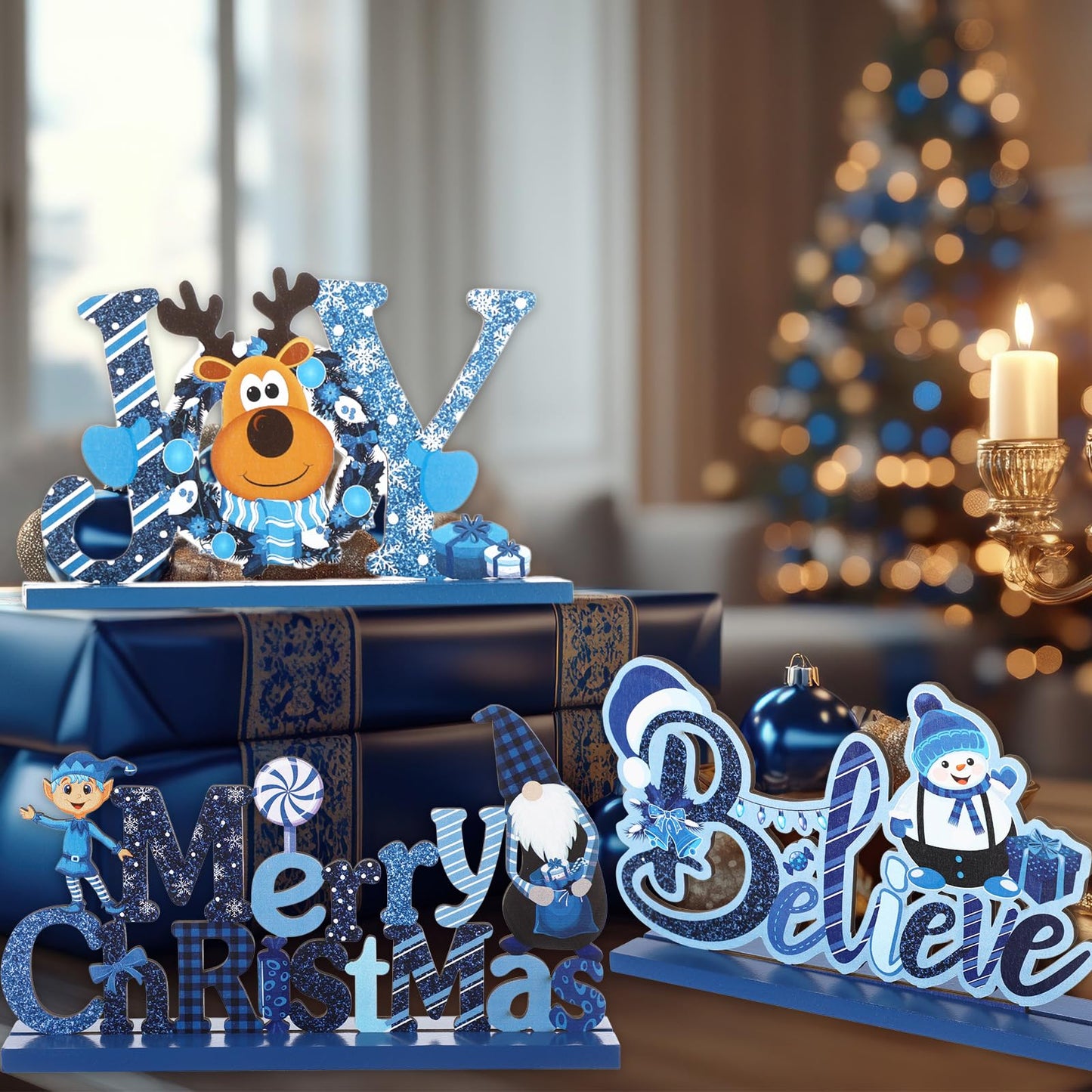 Blulu 3 Pcs Christmas Decorations Indoor Centerpieces for Tables Tabletop Wooden Signs Farmhouse Centerpieces Xmas Snowman Santa Claus Gnome Signs Merry Christmas for Xmas Holiday Party Decor(Blue)