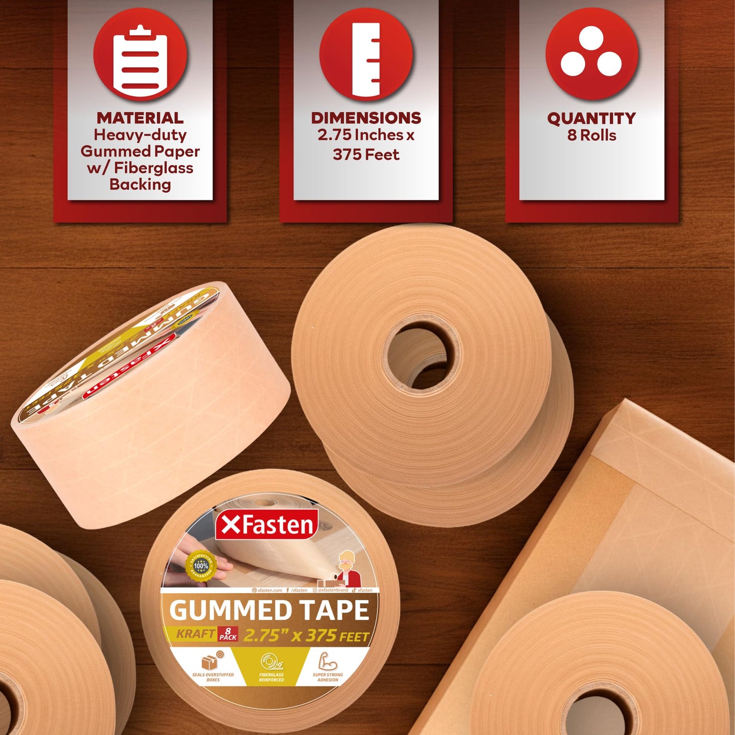XFasten Water Activated Tape Brown with Reinforced Fiberglass Backing 2.75-Inch x 375-Feet (8-Pack, 3000ft Total) Water Activated Gummed Paper Tape Brown Kraft Paper Packaging Roll for Moving Boxes