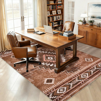 Yinhua Western Living Room Rug 5x7, Moroccan Low-Pile Washable Rug for Bedroom, Aztec Brown Rugs Non Slip with Rubber Backing, Soft Non-Shedding Carpet for Nursery Classroom Office